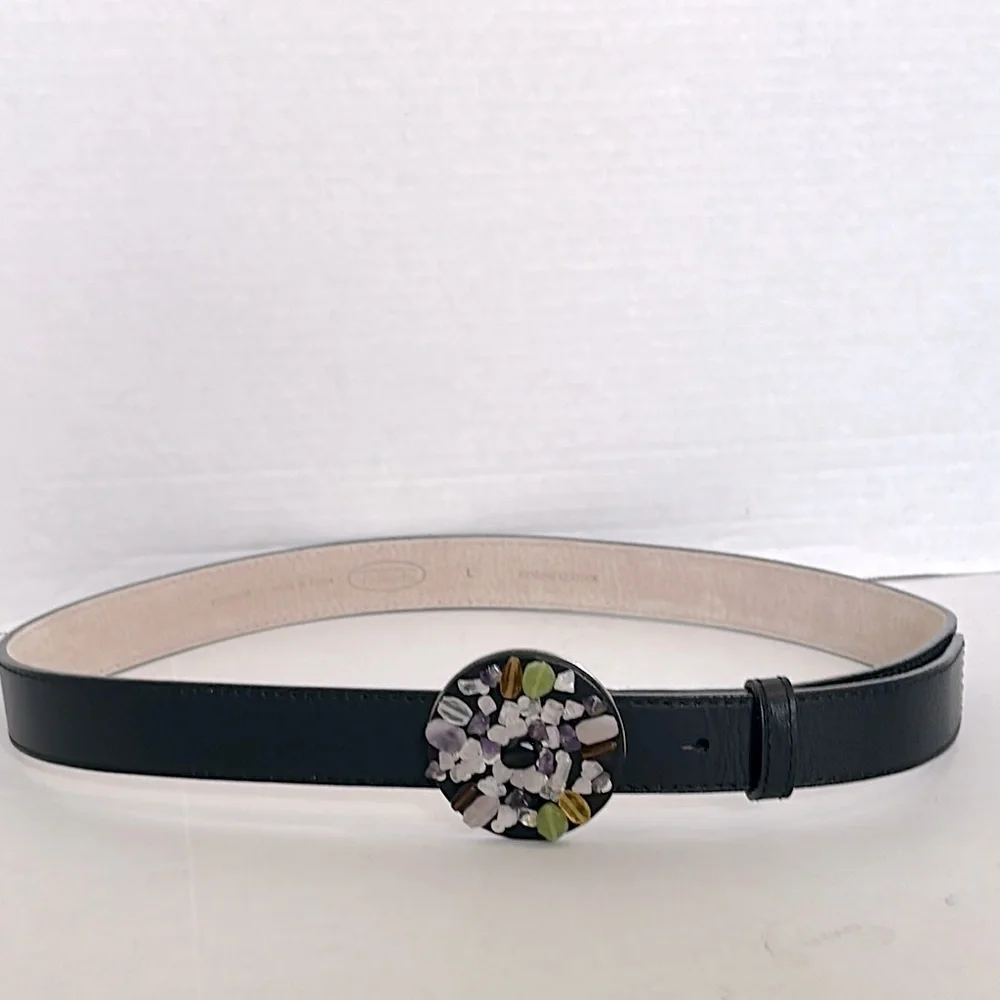 Talbots black leather belt with a circular buckle adorned with gemstones large